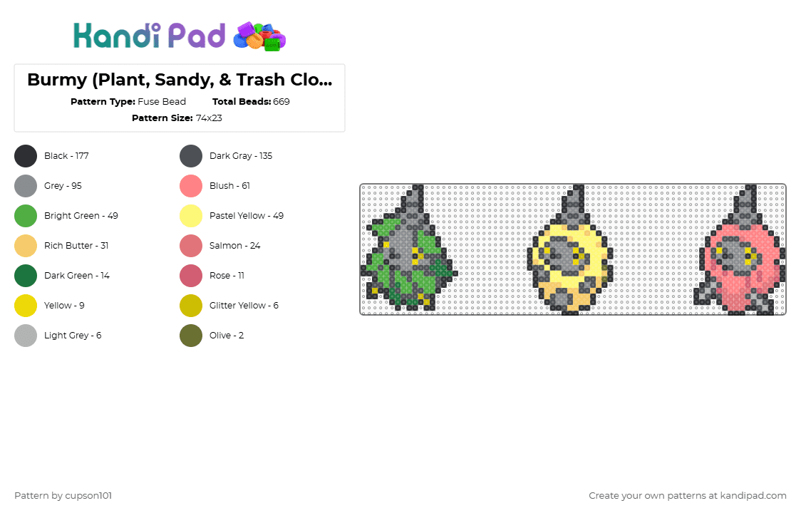 Burmy (Plant, Sandy, & Trash Cloak) Box Sprites - Fuse Bead Pattern by cupson101 on Kandi Pad - gray,yellow,red