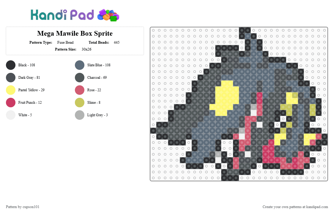 Mega Mawile Box Sprite - Fuse Bead Pattern by cupson101 on Kandi Pad - gray,pink