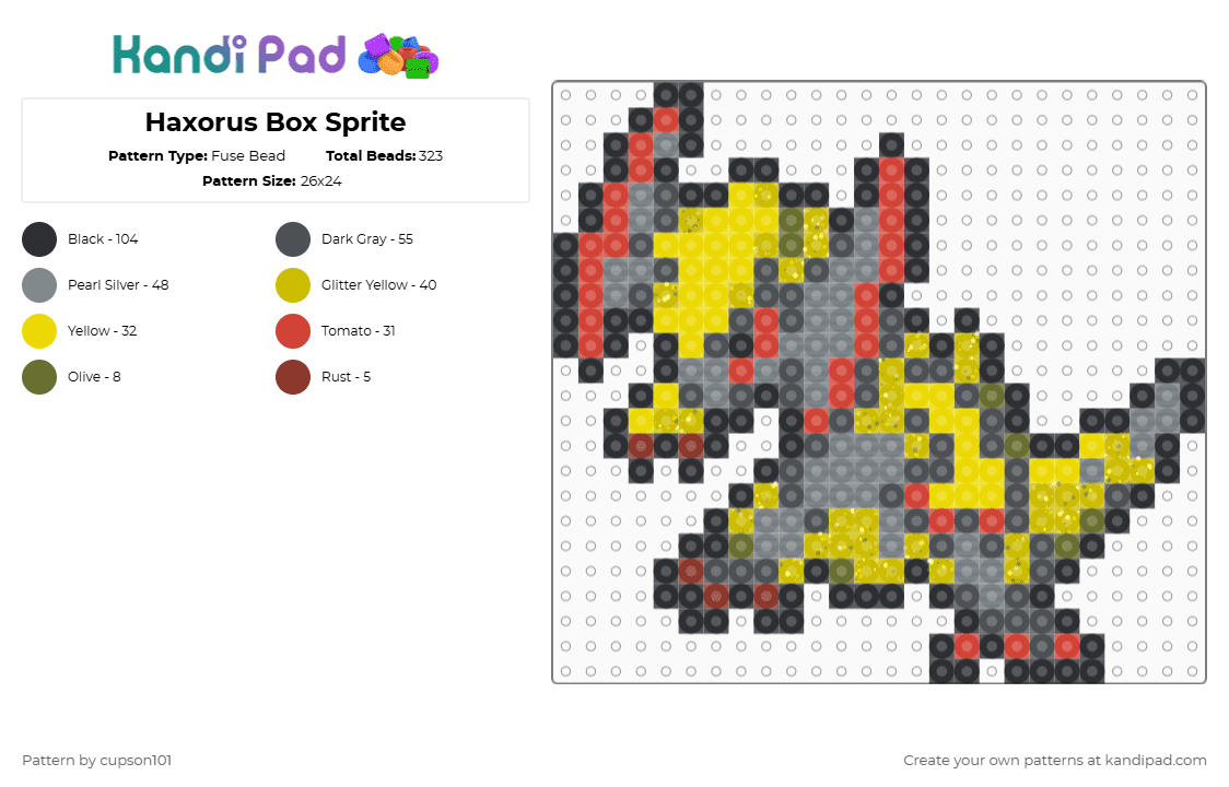 Haxorus Box Sprite - Fuse Bead Pattern by cupson101 on Kandi Pad - gray,yellow