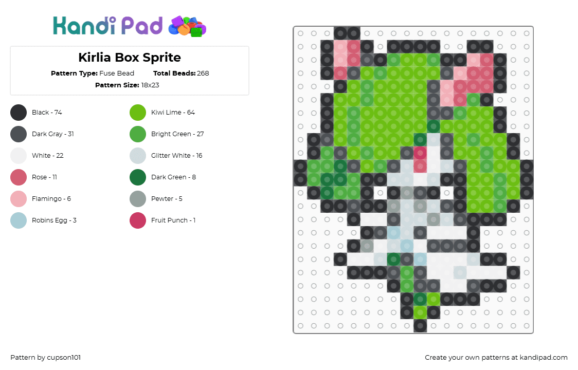 Kirlia Box Sprite - Fuse Bead Pattern by cupson101 on Kandi Pad - gray,green