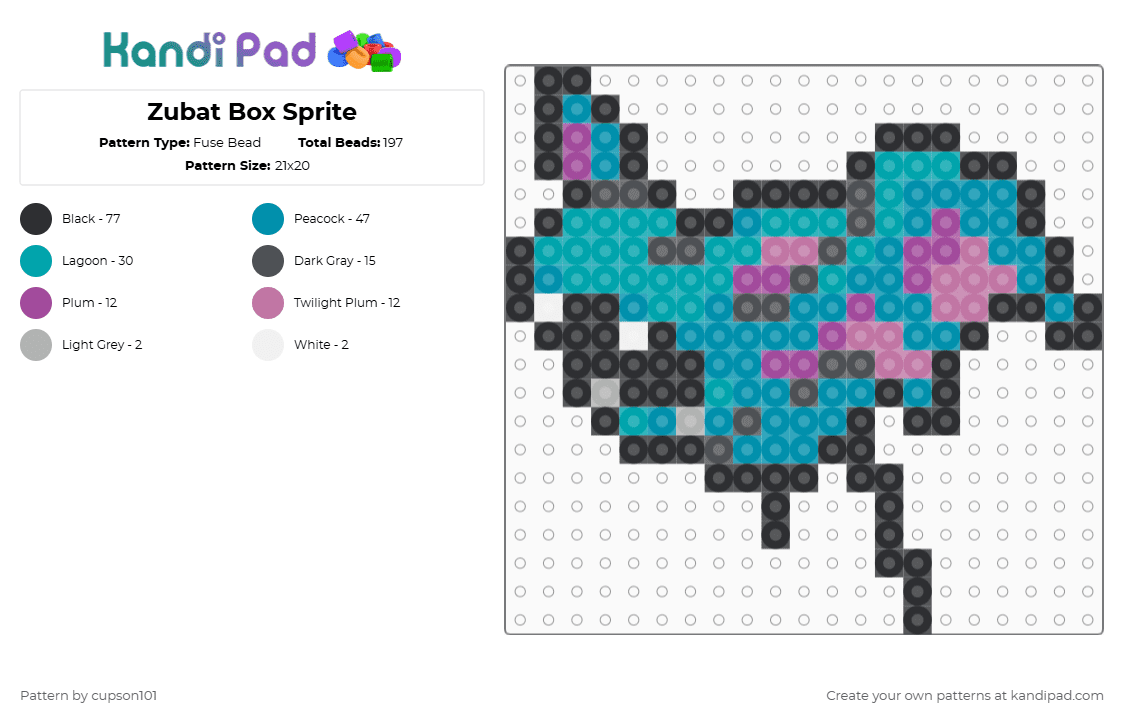 Zubat Box Sprite - Fuse Bead Pattern by cupson101 on Kandi Pad - zubat,pokemon,teal