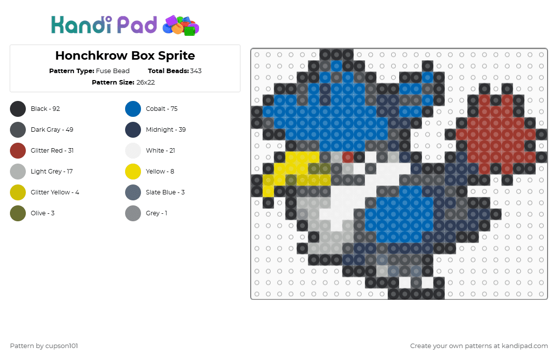 Honchkrow Box Sprite - Fuse Bead Pattern by cupson101 on Kandi Pad - gray,red,blue,purple
