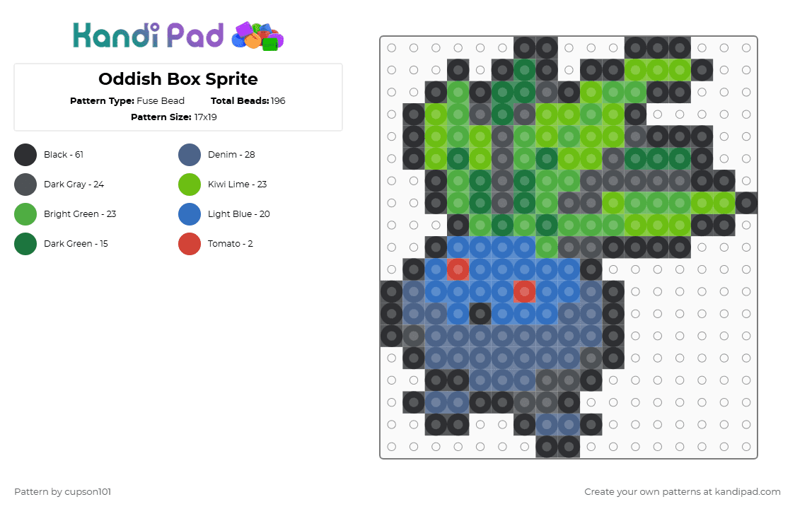 Oddish Box Sprite - Fuse Bead Pattern by cupson101 on Kandi Pad - blue,green
