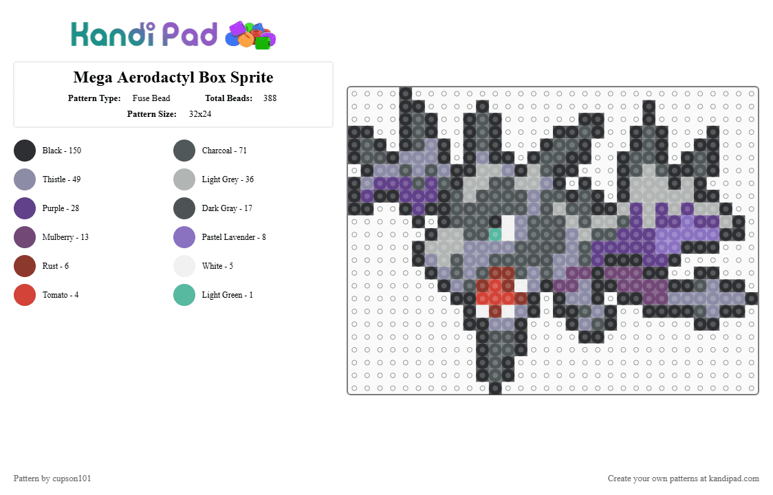 Mega Aerodactyl Box Sprite - Fuse Bead Pattern by cupson101 on Kandi Pad - gray,pink,beige