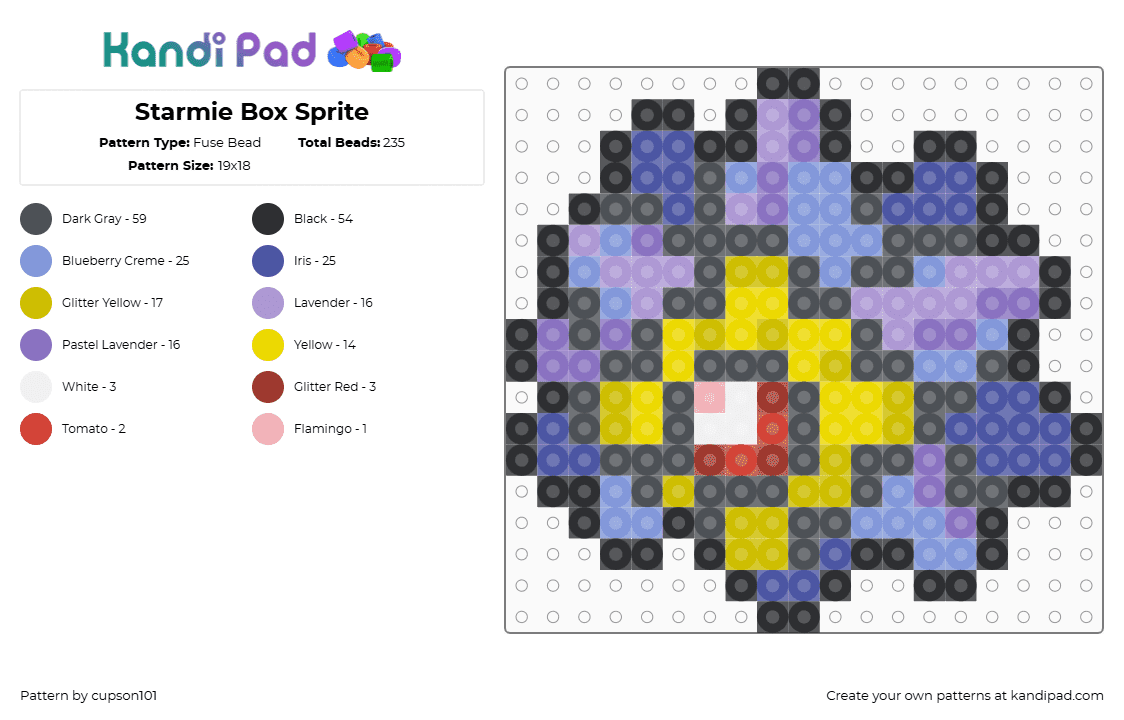 Starmie Box Sprite - Fuse Bead Pattern by cupson101 on Kandi Pad - gray,yellow,light blue,purple