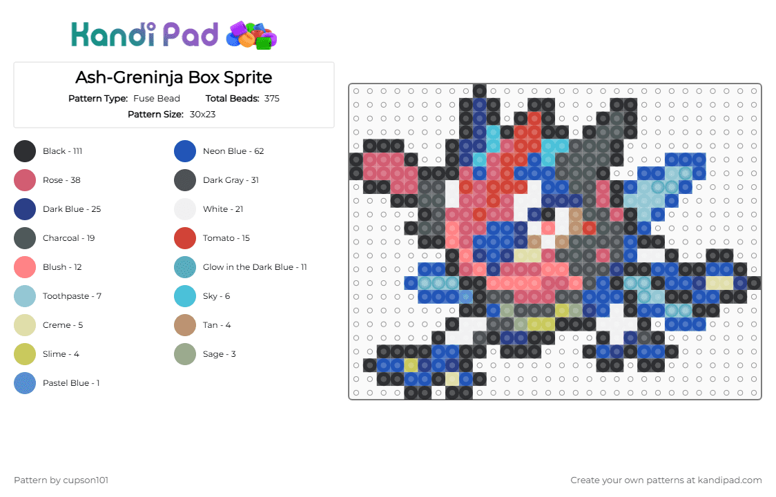 Ash-Greninja Box Sprite - Fuse Bead Pattern by cupson101 on Kandi Pad - blue, gray, red