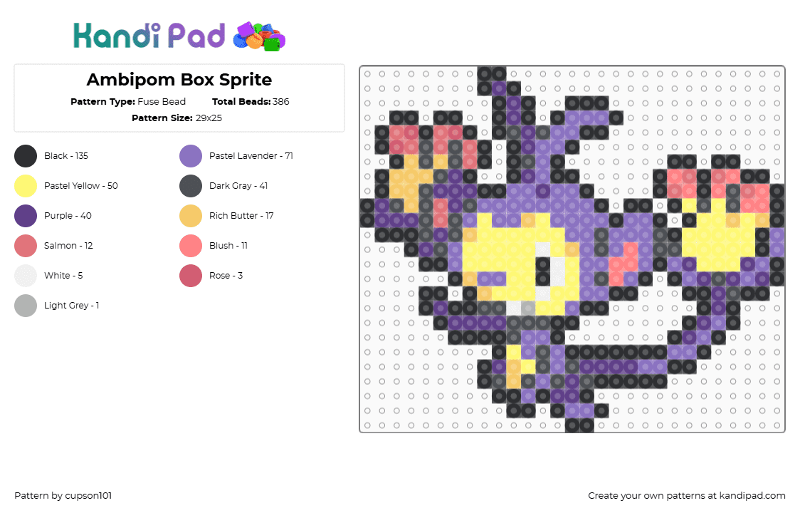Ambipom Box Sprite - Fuse Bead Pattern by cupson101 on Kandi Pad - gray,yellow,purple,blue