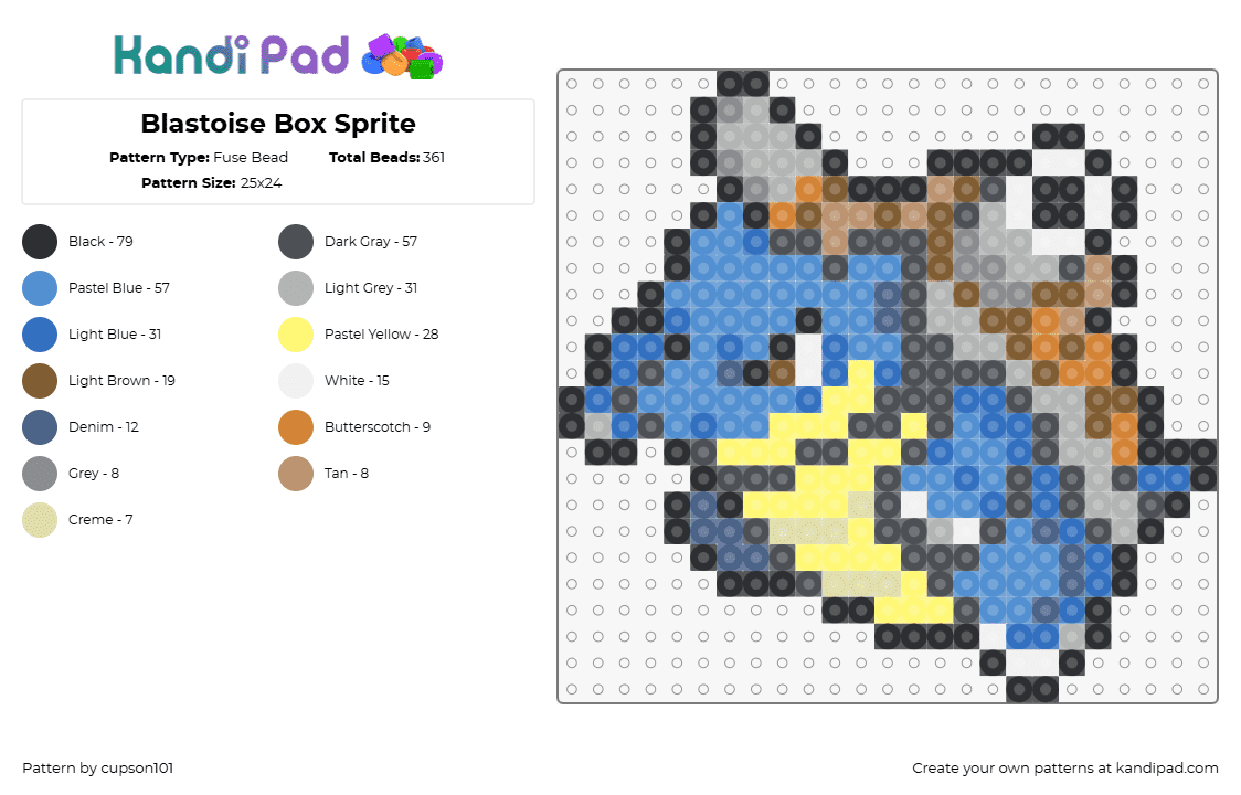 Blastoise Box Sprite - Fuse Bead Pattern by cupson101 on Kandi Pad - blastoise,pokemon,evolution,squirtle,character,gaming,blue,tan,yellow