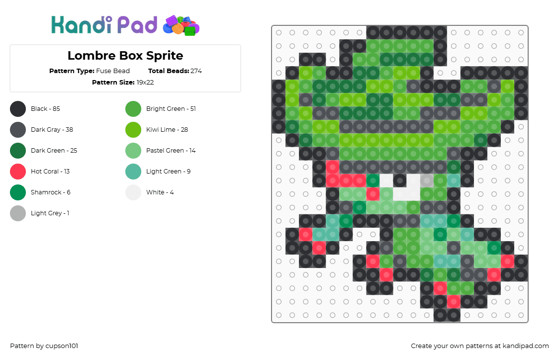 Lombre Box Sprite - Fuse Bead Pattern by cupson101 on Kandi Pad - gray,green