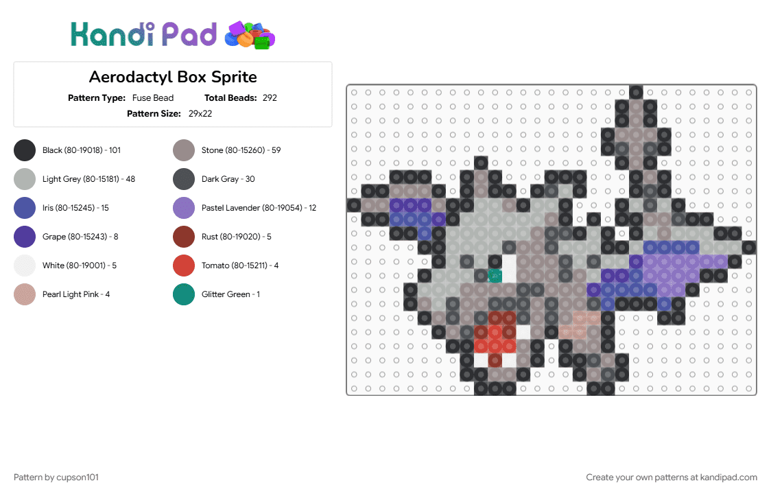 Aerodactyl Box Sprite - Fuse Bead Pattern by cupson101 on Kandi Pad - aerodactyl, beige, gray, pokemon