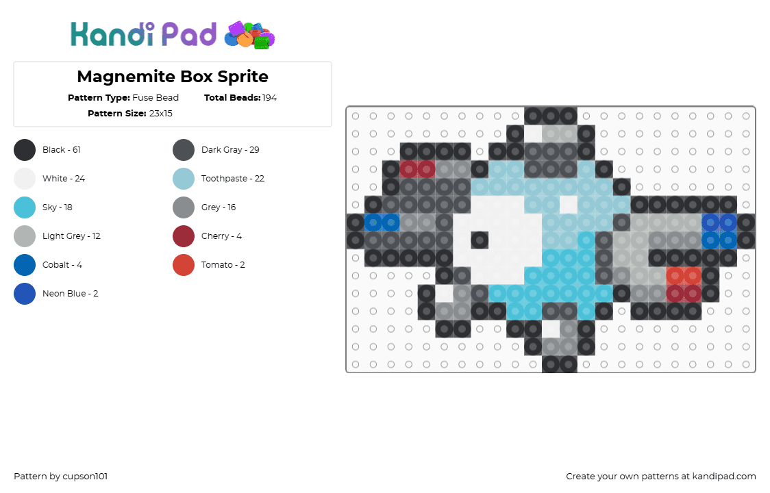 Magnemite Box Sprite - Fuse Bead Pattern by cupson101 on Kandi Pad - magnemite,pokemon,character,gaming,light blue,gray