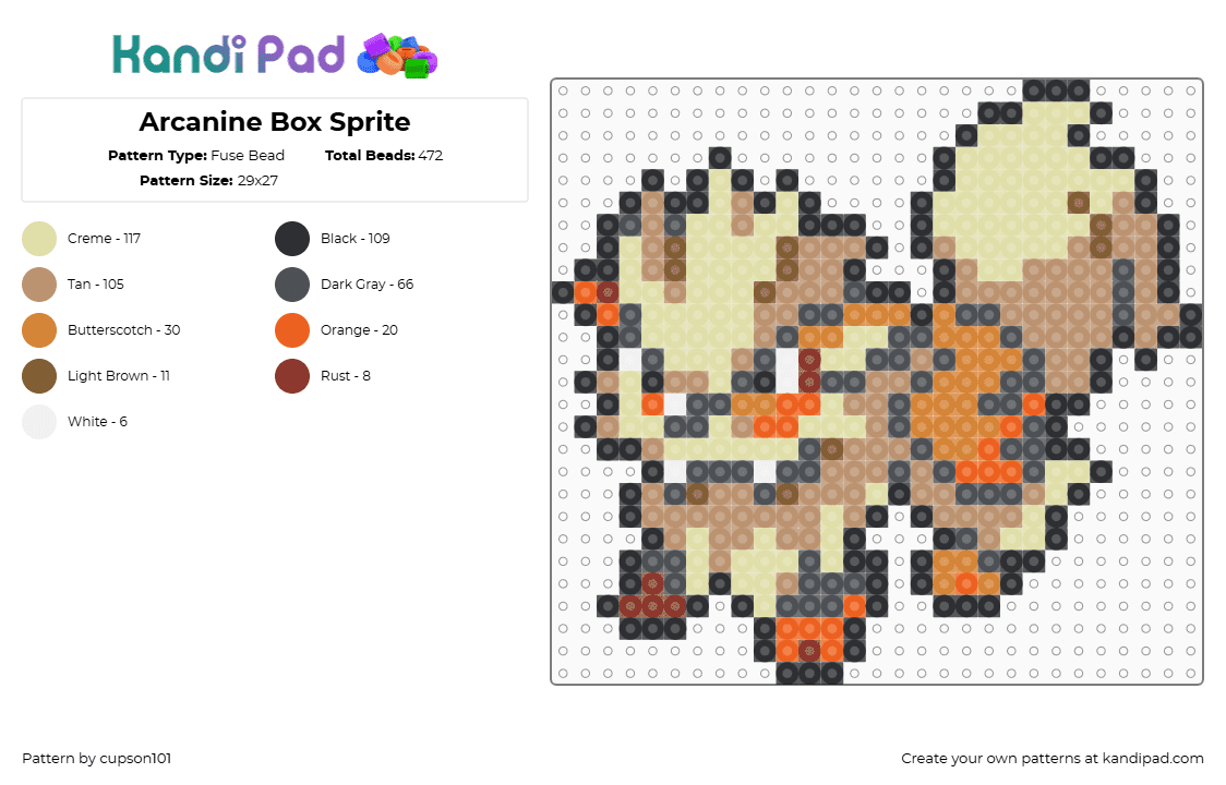 Arcanine Box Sprite - Fuse Bead Pattern by cupson101 on Kandi Pad - gray,yellow,beige