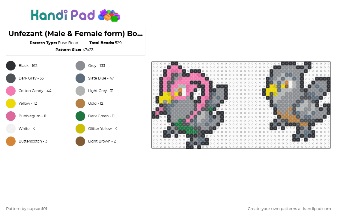 Unfezant (Male & Female form) Box Sprites - Fuse Bead Pattern by cupson101 on Kandi Pad - pink,gray