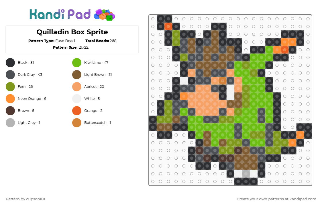 Quilladin Box Sprite - Fuse Bead Pattern by cupson101 on Kandi Pad - gray,tan,green,colorful