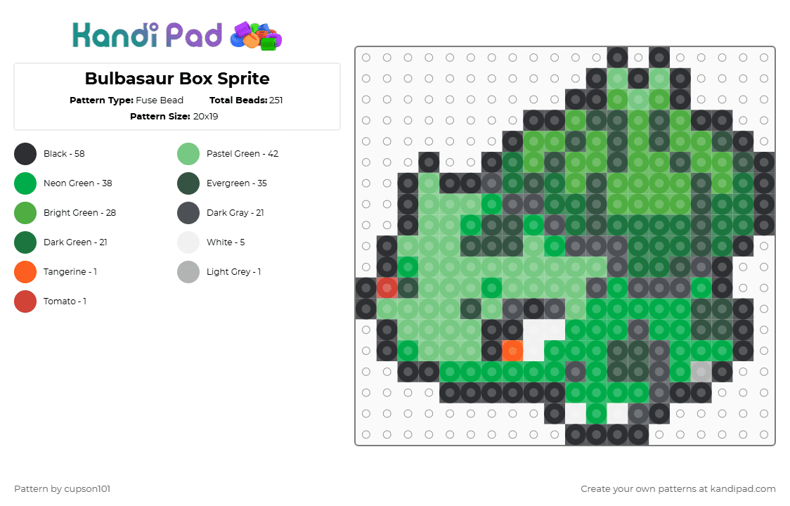 Bulbasaur Box Sprite - Fuse Bead Pattern by cupson101 on Kandi Pad - gray,green,teal