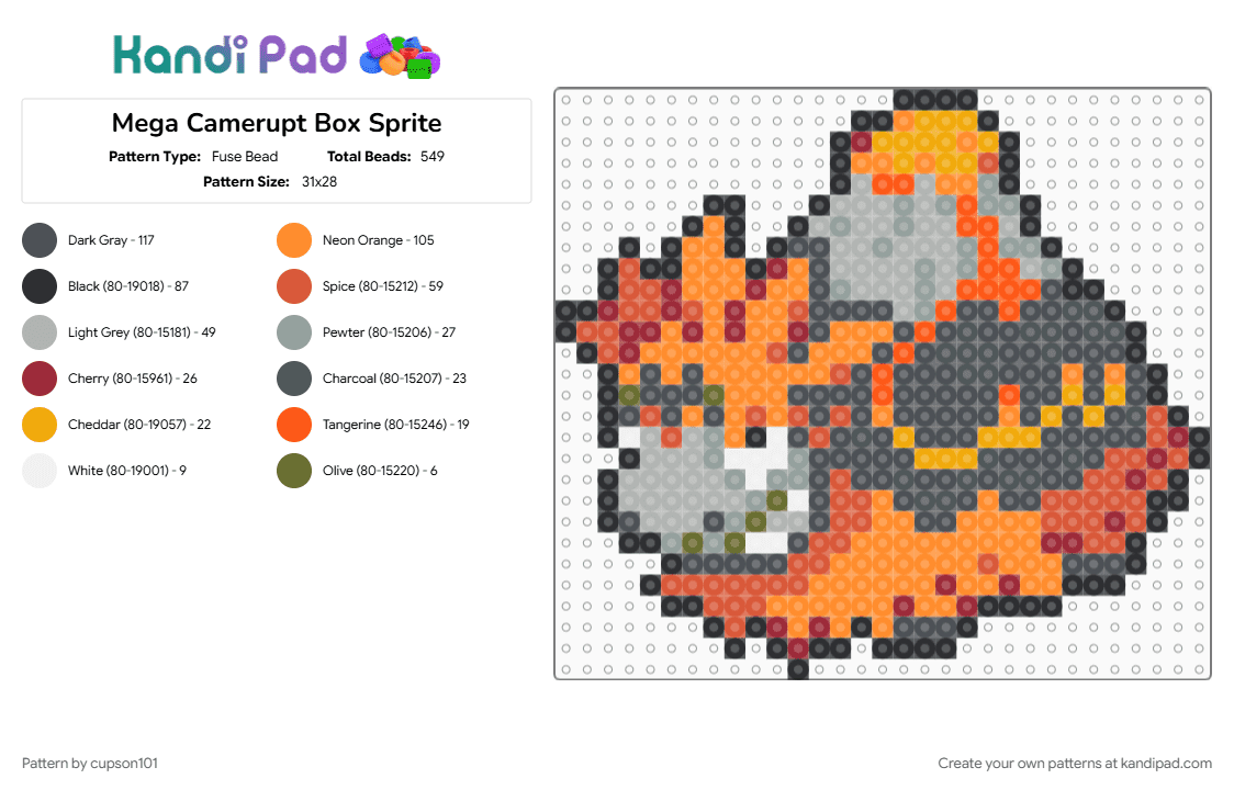 Mega Camerupt Box Sprite - Fuse Bead Pattern by cupson101 on Kandi Pad - gray, orange, red
