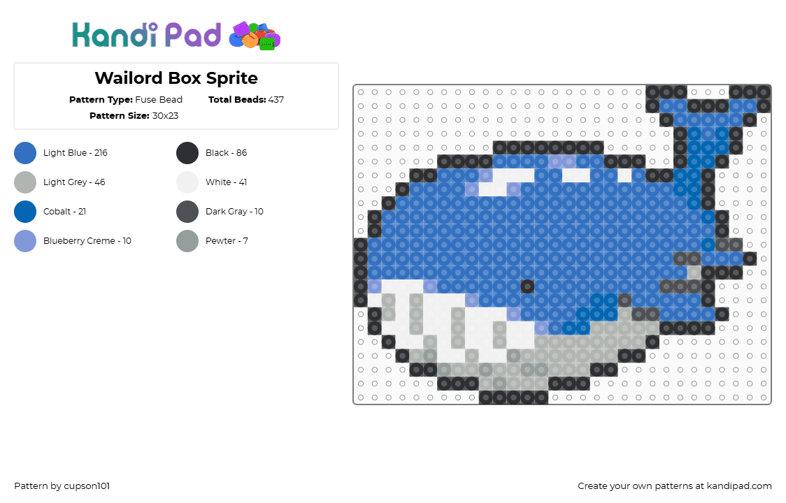 Wailord Box Sprite - Fuse Bead Pattern by cupson101 on Kandi Pad - blue