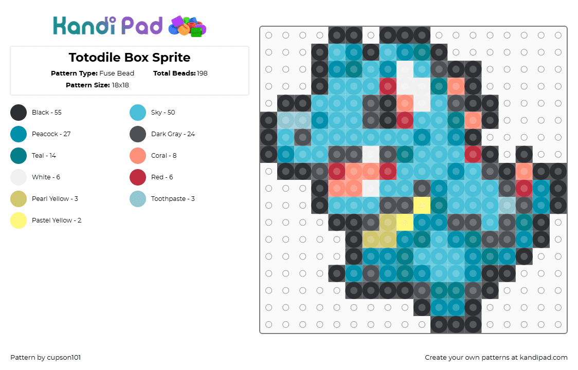 Totodile Box Sprite - Fuse Bead Pattern by cupson101 on Kandi Pad - gray,light blue,teal