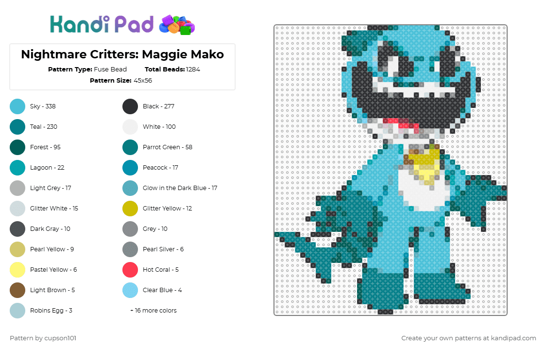 Nightmare Critters: Maggie Mako - Fuse Bead Pattern by cupson101 on Kandi Pad - gray,teal,light blue