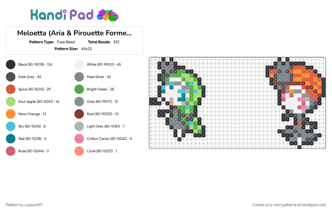 Meloetta (Aria & Pirouette Forme)Box Sprites - Fuse Bead Pattern by cupson101 on Kandi Pad - gray, green, red