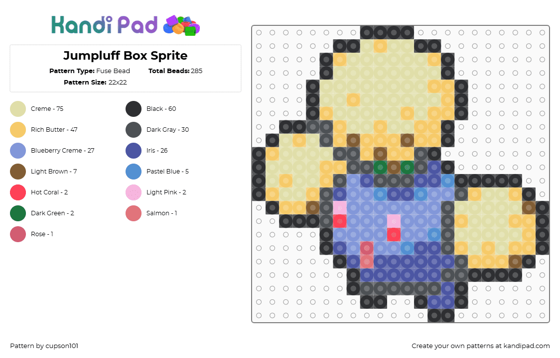 Jumpluff Box Sprite - Fuse Bead Pattern by cupson101 on Kandi Pad - gray,yellow,light blue,purple