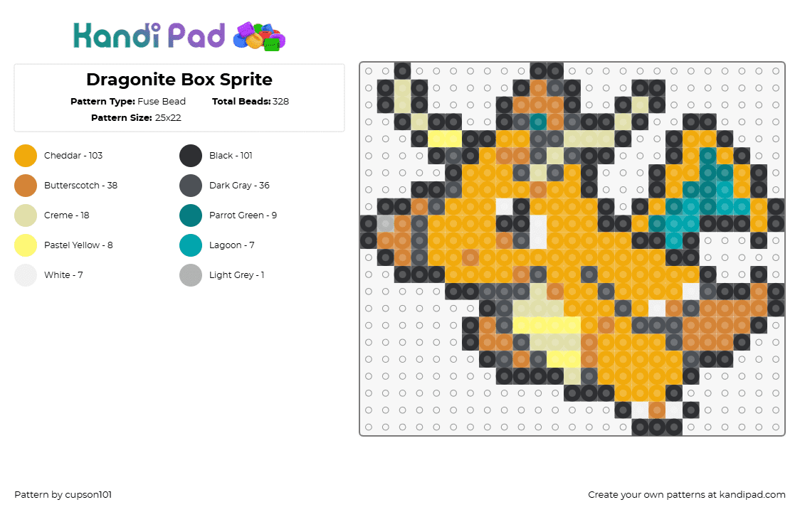 Dragonite Box Sprite - Fuse Bead Pattern by cupson101 on Kandi Pad - dragonite,pokemon,character,winged,gaming,orange