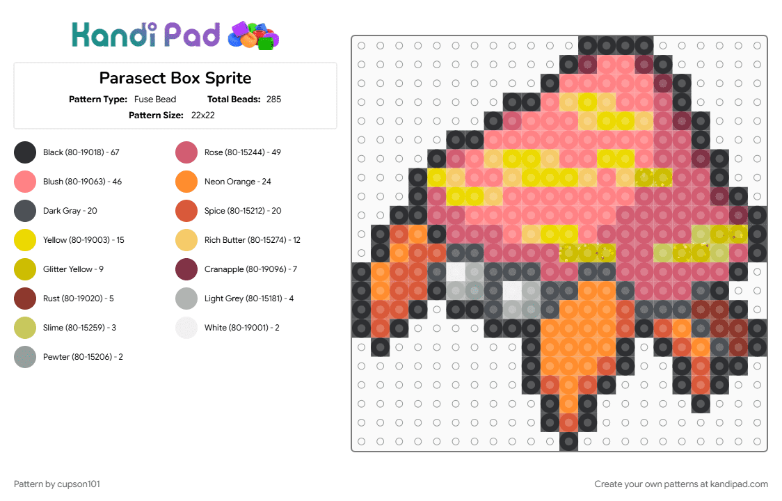Parasect Box Sprite - Fuse Bead Pattern by cupson101 on Kandi Pad - parasect, pokemon, red, yellow