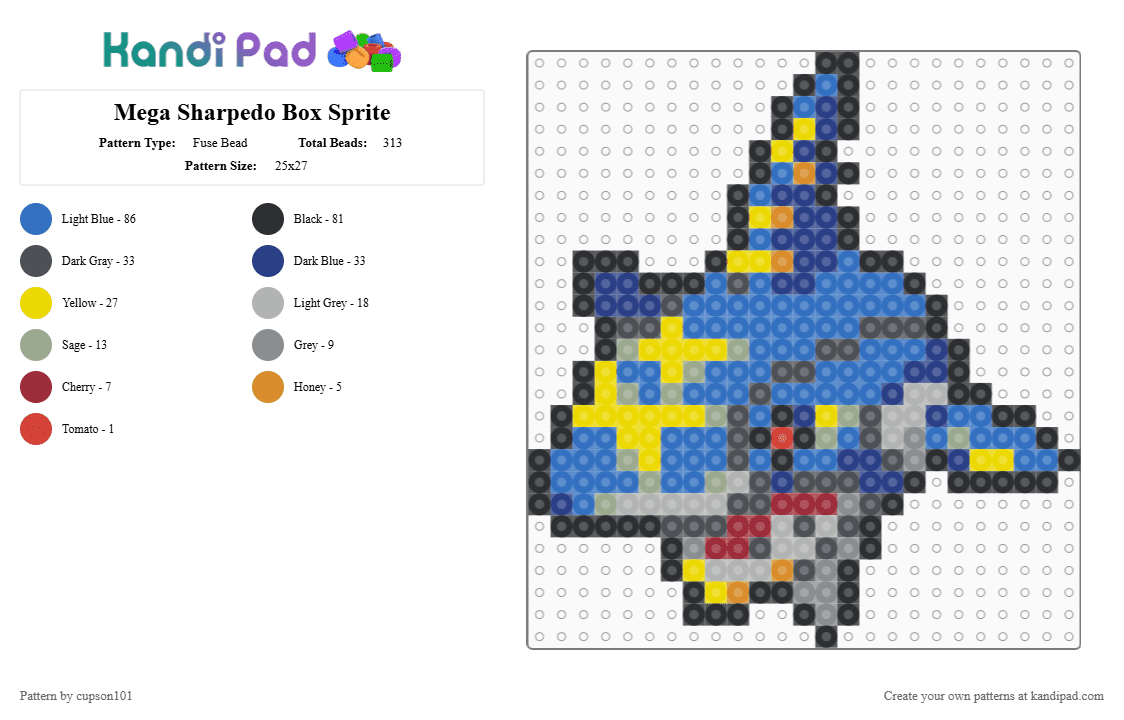 Mega Sharpedo Box Sprite - Fuse Bead Pattern by cupson101 on Kandi Pad - blue, gray