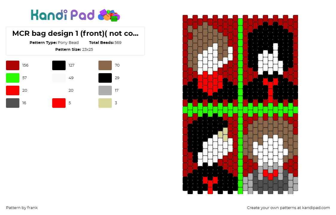 MCR bag design 1 (front)( not completely my design) - Pony Bead Pattern by frank on Kandi Pad - my chemical romance,band,emo,music,bag,panel,red,green,black,white