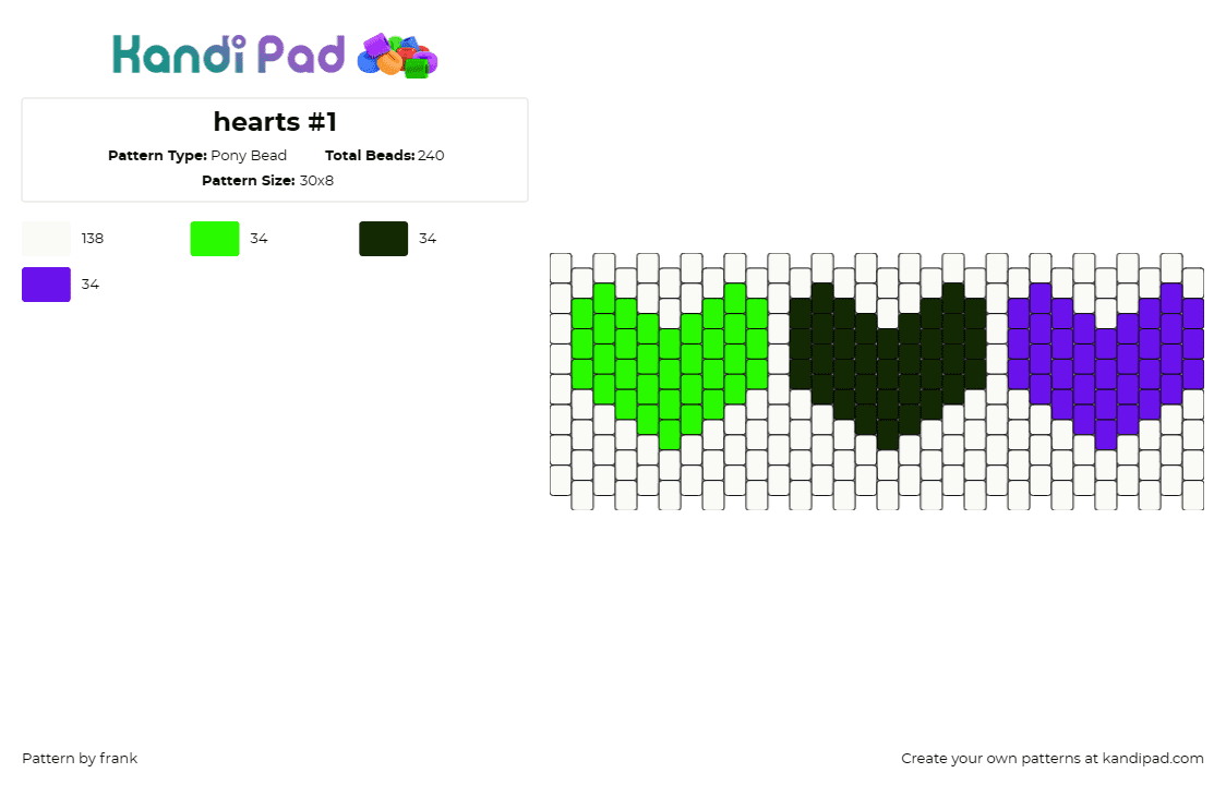 hearts #1 - Pony Bead Pattern by frank on Kandi Pad - hearts,cuff,green,black,purple,white