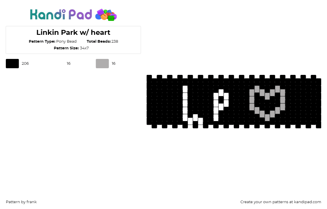 Linkin Park w/ heart - Pony Bead Pattern by frank on Kandi Pad - linkin park,music,band,heart,cuff