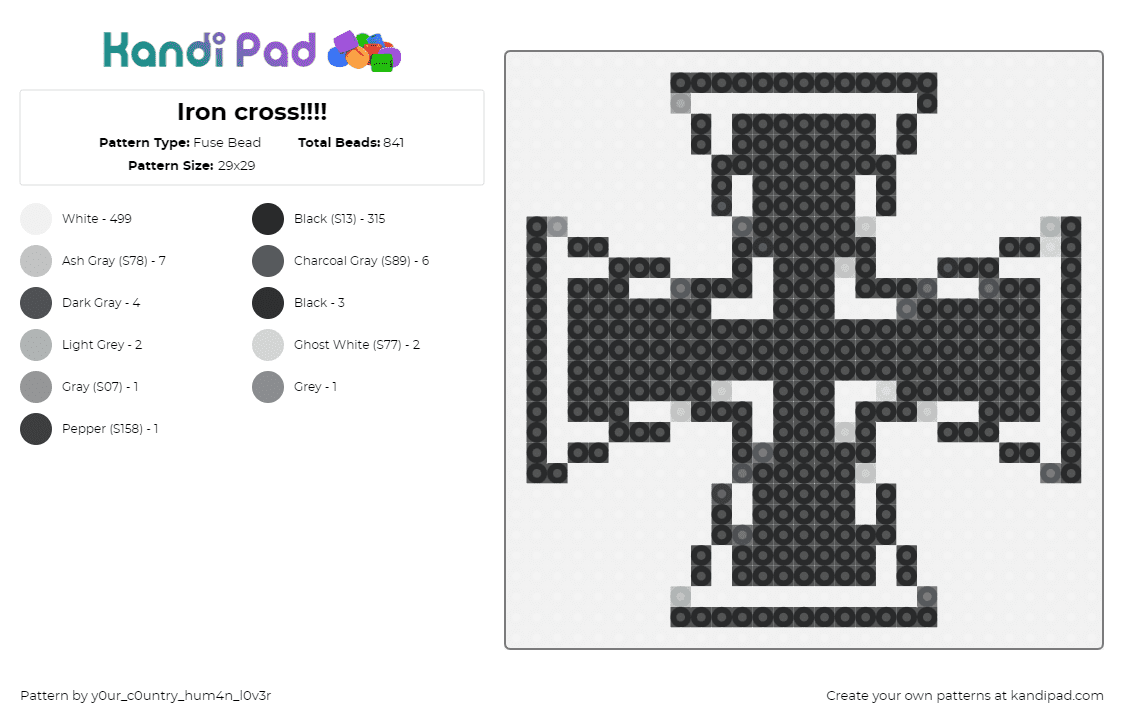 Iron cross!!!! - Fuse Bead Pattern by y0ur_c0untry_hum4n_l0v3r on Kandi Pad - iron cross,germany,symbol,military,black