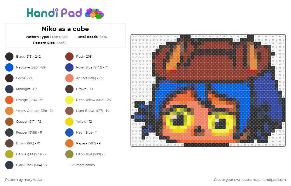 Niko as a cube - Fuse Bead Pattern by marykotka on Kandi Pad - niko,oneshot,video game,character,red,orange,blue,yellow