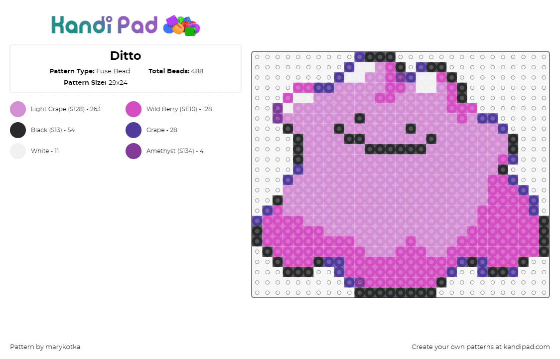 Ditto - Fuse Bead Pattern by marykotka on Kandi Pad - ditto,pokemon,character,cute,blob,amoeba,gaming,pink