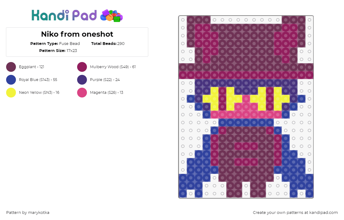 Niko from oneshot - Fuse Bead Pattern by marykotka on Kandi Pad - niko,oneshot,video game,character,red,purple,blue,yellow