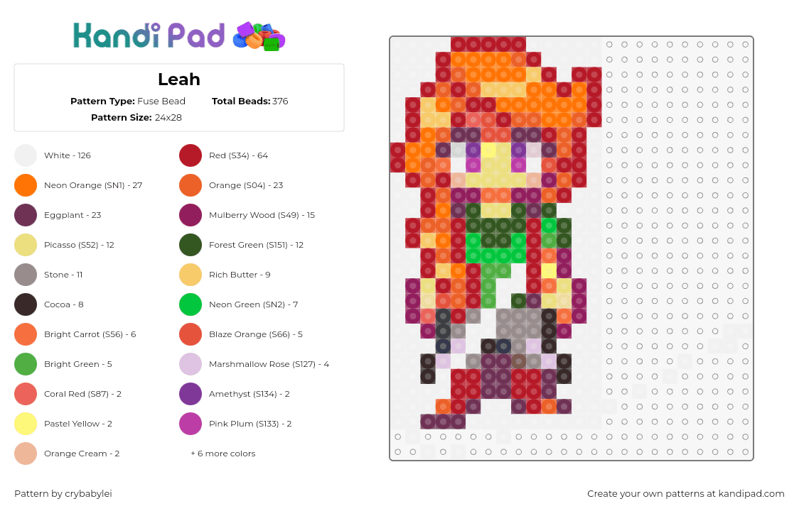 Leah - Fuse Bead Pattern by crybabylei on Kandi Pad - leah,stardew valley,character,video game,chibi,orange,green