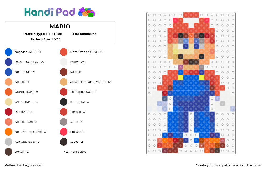 MARIO - Fuse Bead Pattern by dragonsword on Kandi Pad - mario,nintendo,video game,character,blue,red