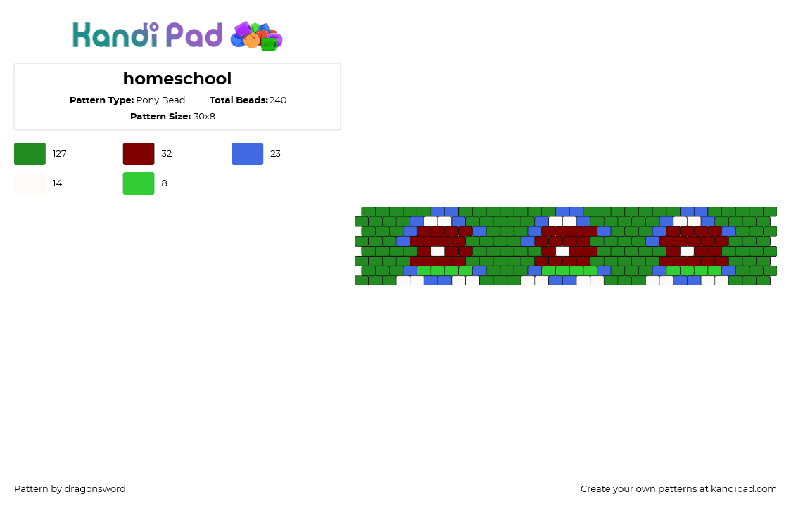 homeschool - Pony Bead Pattern by dragonsword on Kandi Pad - homeschool,repeating,cuff,green