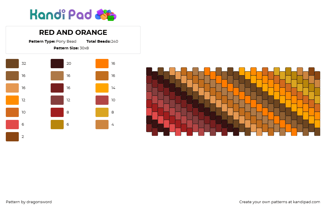 RED AND ORANGE - Pony Bead Pattern by dragonsword on Kandi Pad - gradient,diagonal,stripes,cuff,red,orange