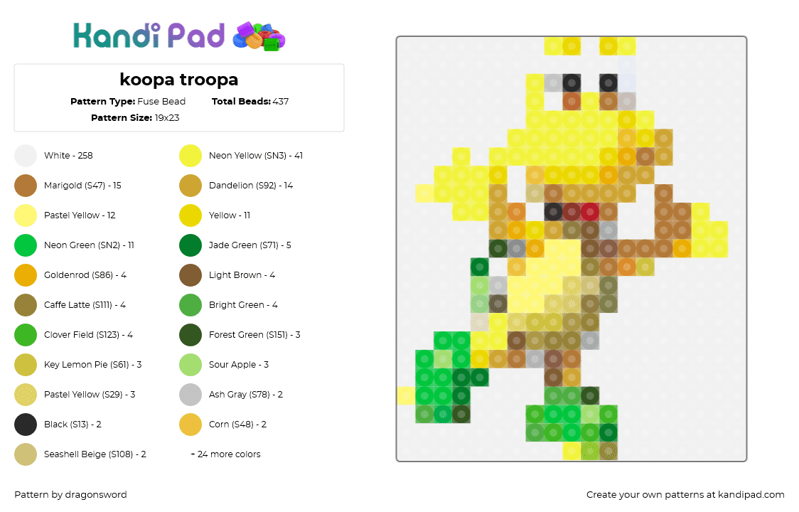 koopa troopa - Fuse Bead Pattern by dragonsword on Kandi Pad - koopa troopa,mario,character,nintendo,video game,yellow