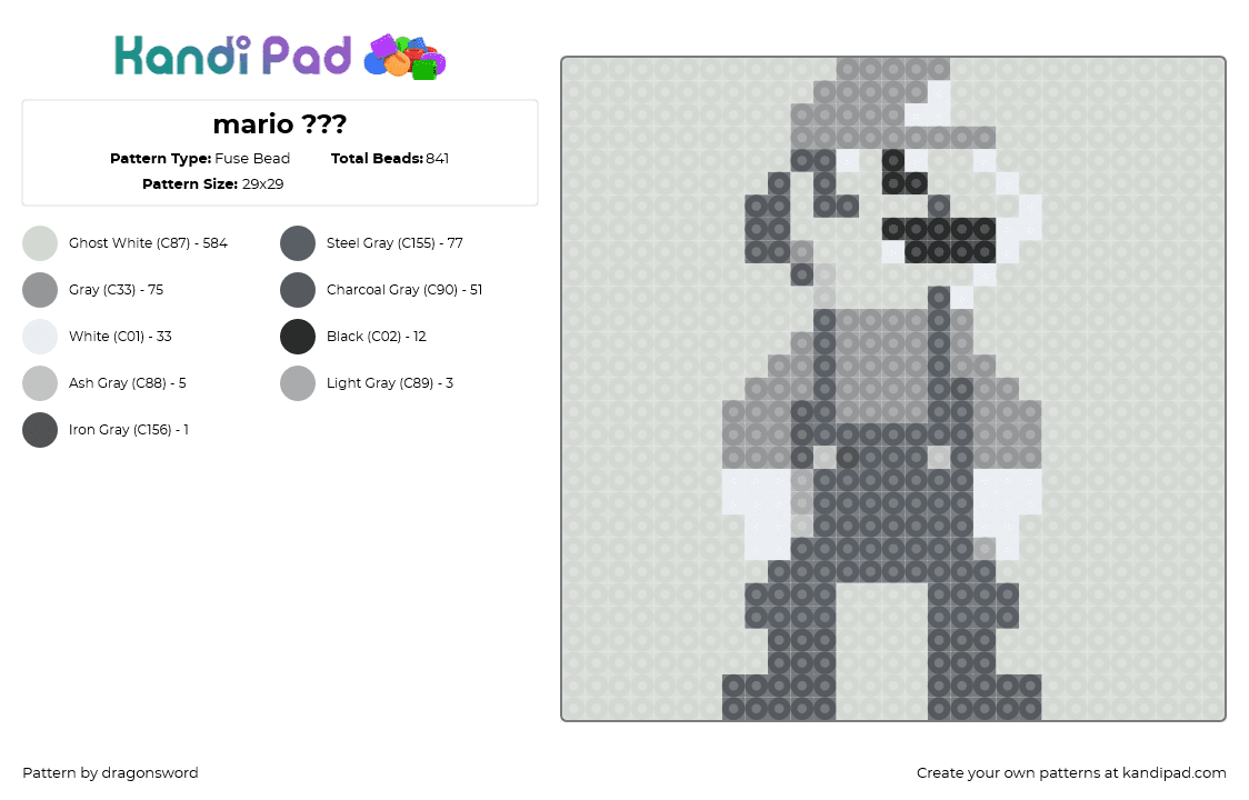 mario ??? - Fuse Bead Pattern by dragonsword on Kandi Pad - mario,nintendo,character,video game,classic,retro,grayscale