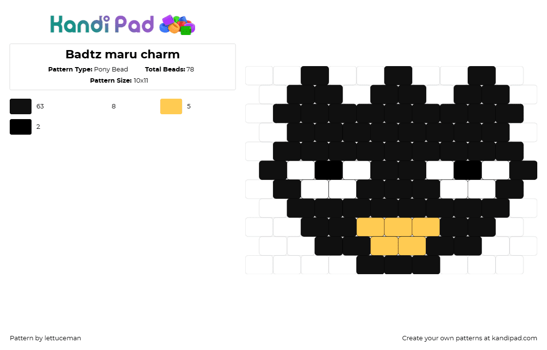 Badtz maru charm - Pony Bead Pattern by lettuceman on Kandi Pad - batzmaru,sanrio,character,kawaii,head,black,white,orange