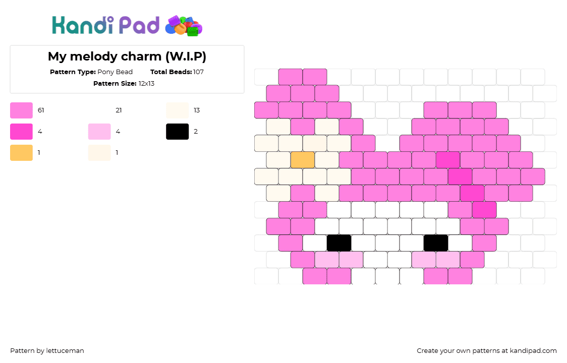 My melody charm - Pony Bead Pattern by lettuceman on Kandi Pad - my melody,sanrio,character,kawaii,cute,head,flower,white,pink