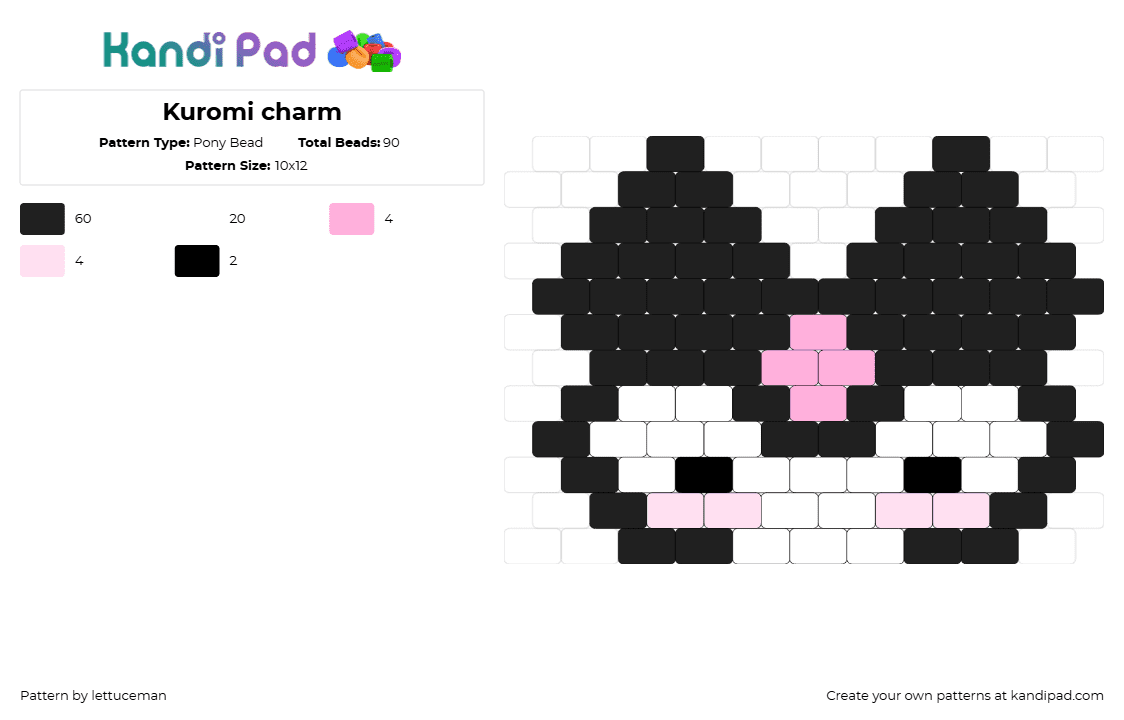 Kuromi charm - Pony Bead Pattern by lettuceman on Kandi Pad - kuromi,sanrio,character,kawaii,head,white,black,pink