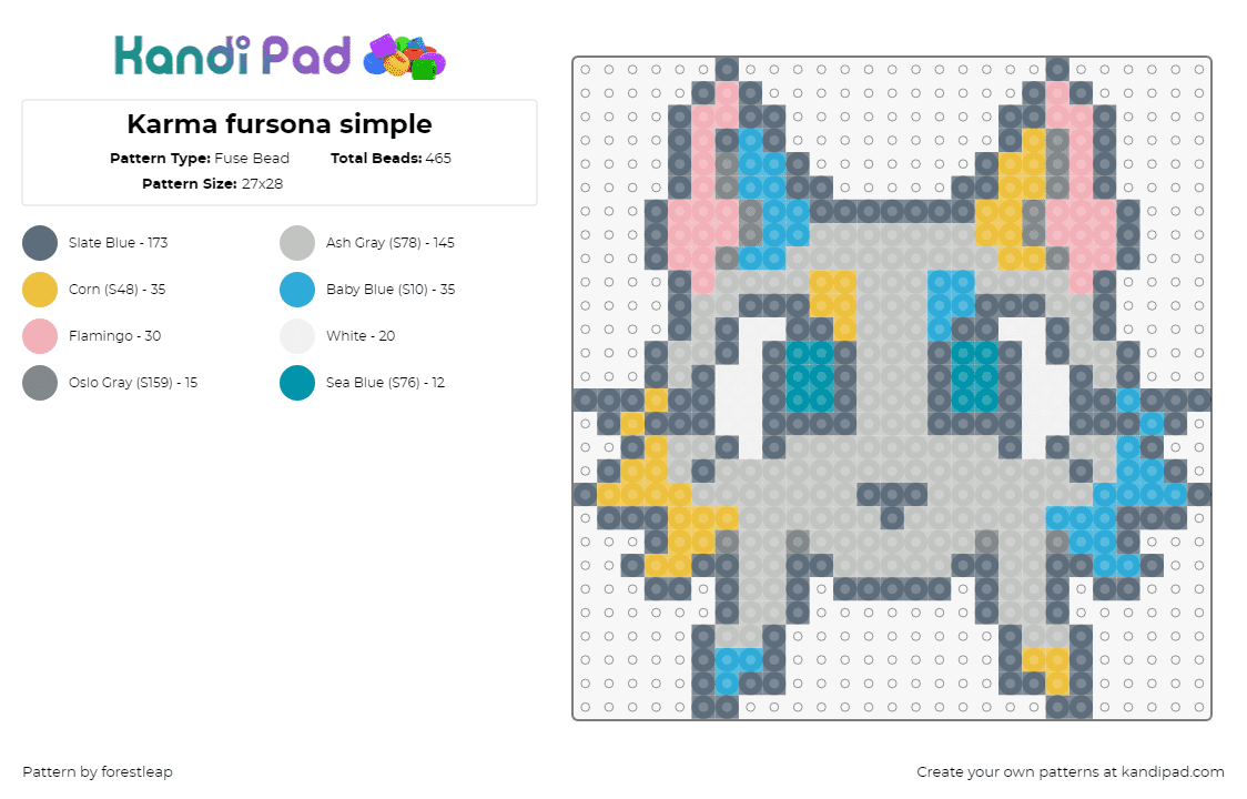 Karma fursona simple - Fuse Bead Pattern by forestleap on Kandi Pad - fursona,furry,community,colorful,gray,pink,blue