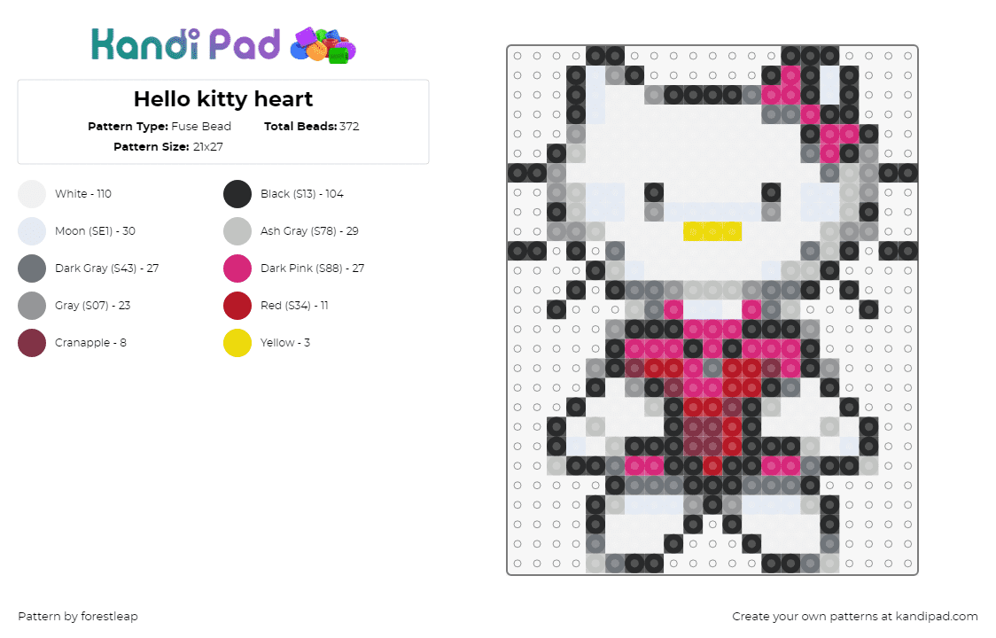 Hello kitty heart - Fuse Bead Pattern by forestleap on Kandi Pad - hello kitty,sanrio,heart,character,kawaii,white,pink