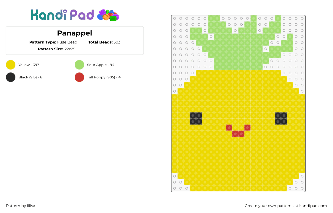 Panappel - Fuse Bead Pattern by lilisa on Kandi Pad - pineapple,tropical,fruit,cute,face,smile,yellow,green