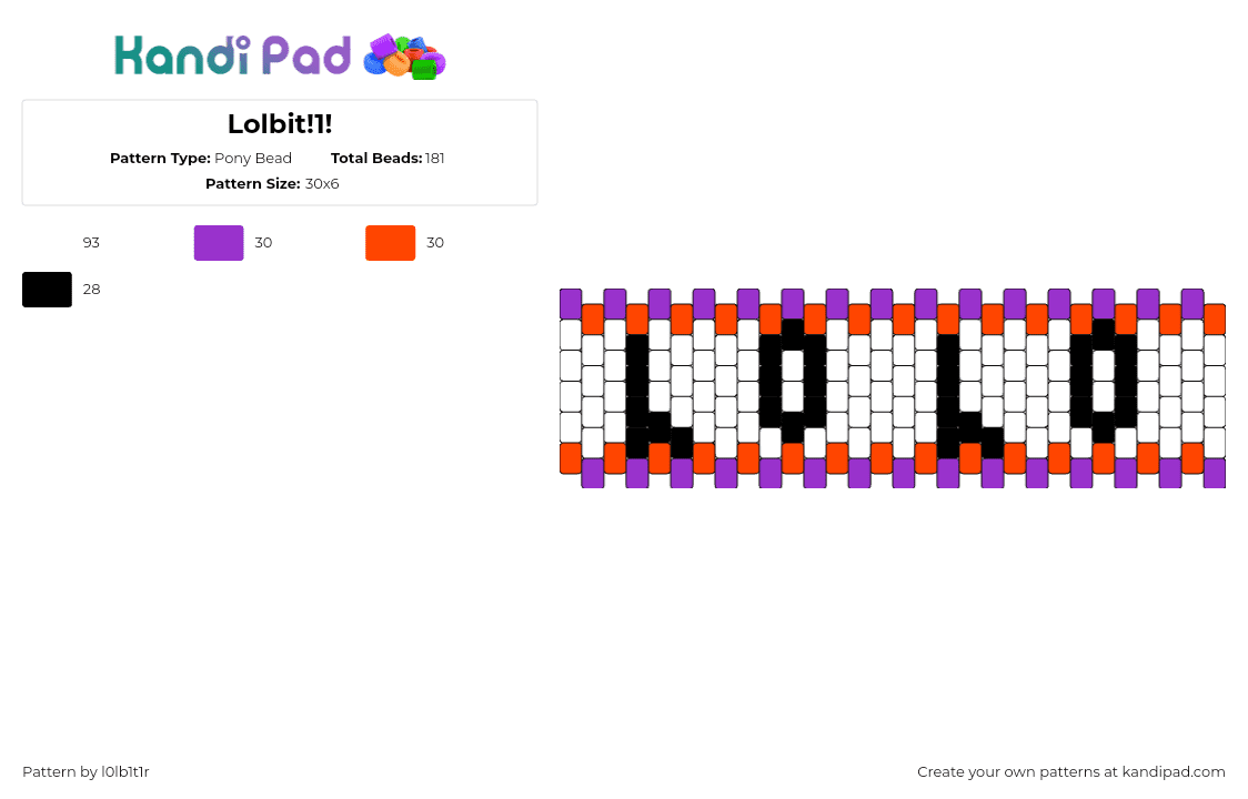 Lolbit!1! - Pony Bead Pattern by l0lb1t1r on Kandi Pad - lolbit,fnaf,five nights at freddys,text,cuff,video game,white,purple,red