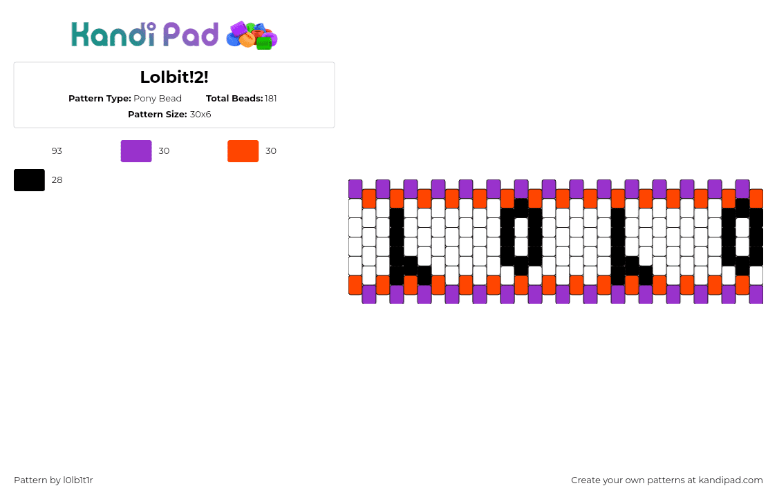 Lolbit!2! - Pony Bead Pattern by l0lb1t1r on Kandi Pad - lolbit,fnaf,five nights at freddys,text,cuff,video game,white,purple,red