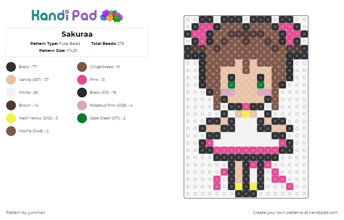 Sakuraa - Fuse Bead Pattern by yunchan on Kandi Pad - sakura kinomoto,cardcaptor,manga,character,anime,movie,pink,white,brown,tan